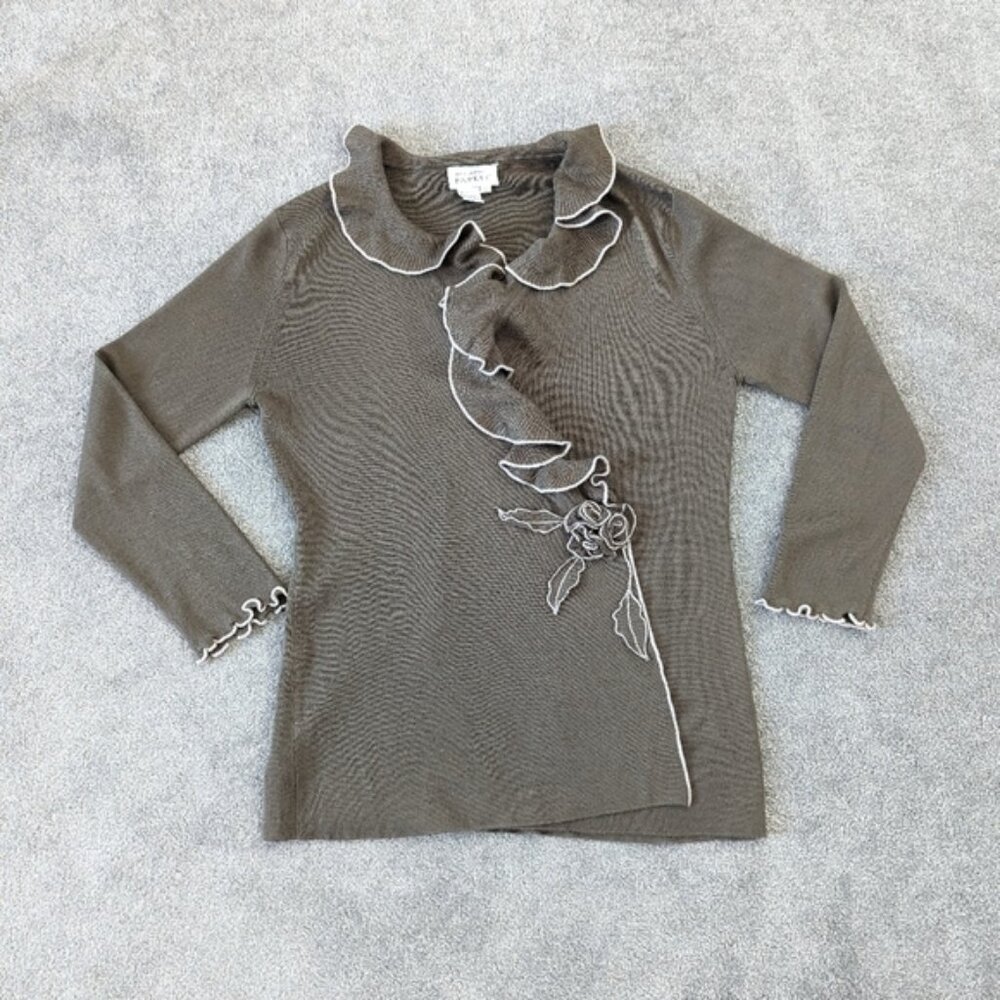 Adrianne Papell Wool Wrap Cardigan Sweater Women's Medium Ruffle Crochet Flower